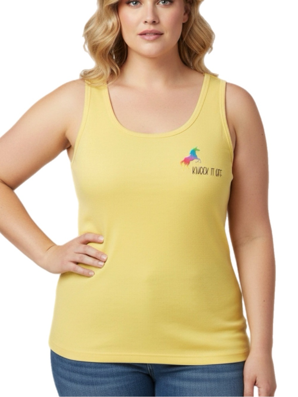Erika | Yellow Ribbed Tank Top Graphic Print Rainbow Unicorn ‘Knock it off’